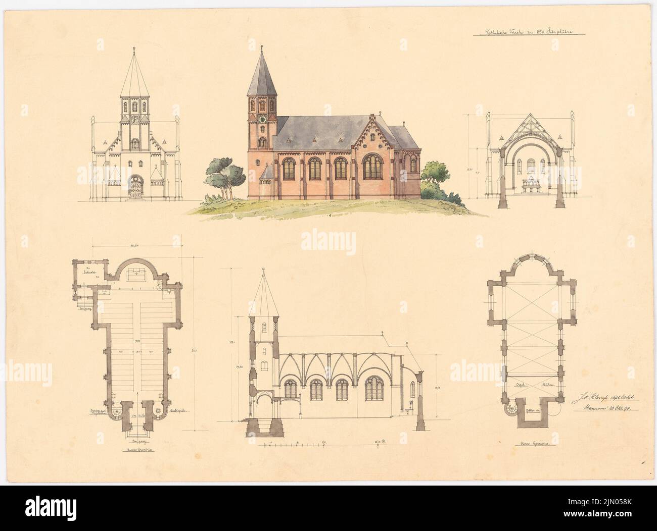 Klomp Johannes Franziskus (1865-1946), bâtiments sacrés non affectés (20 octobre 1894): Plans d'étage, vues et coupe d'une église avec 350 sièges 1: 200. Tusche aquarelle sur la boîte, 44,8 x 60,5 cm (y compris les bords de balayage) Klomp Johannes Franziskus (1865-1946): Unzugeordnete Sakralbauten Banque D'Images