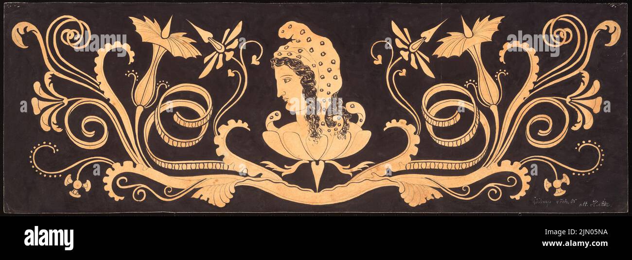 Klomp Johannes Franziskus (1865-1946), étude (04.02.1885): Ornement grec avec Frauenkopf avec chapeau Phrygian. Tusche aquarelle sur papier, 22,1 x 64,4 cm (y compris les bords de balayage) Klomp Johannes Franziskus (1865-1946): Studienarbeiten Banque D'Images
