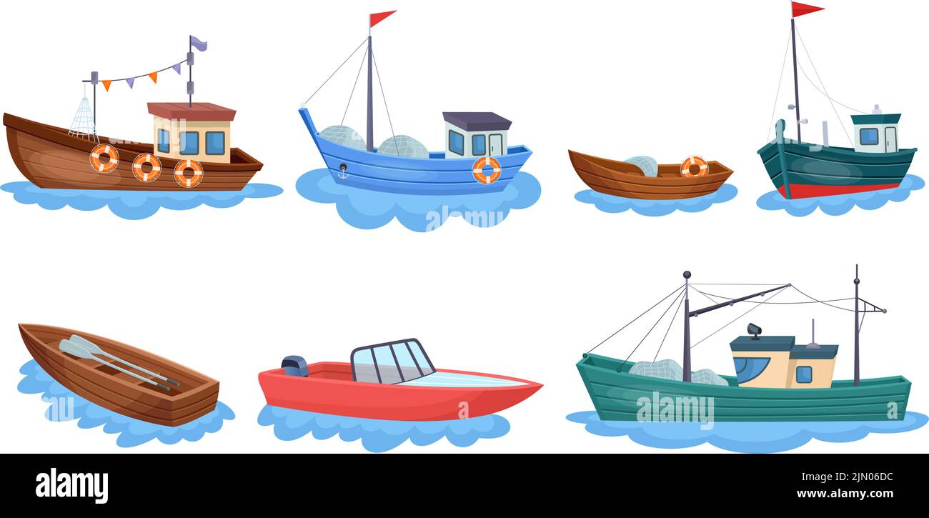 Bateaux avec filets de pêche. Bateau de pêcheur bateau marin pêche maritime océan pour la production de poisson fruits de mer industriels navires de pêche maritime remorqueur, illustration vectorielle néoclassique de l'ensemble de bateaux de mer Illustration de Vecteur