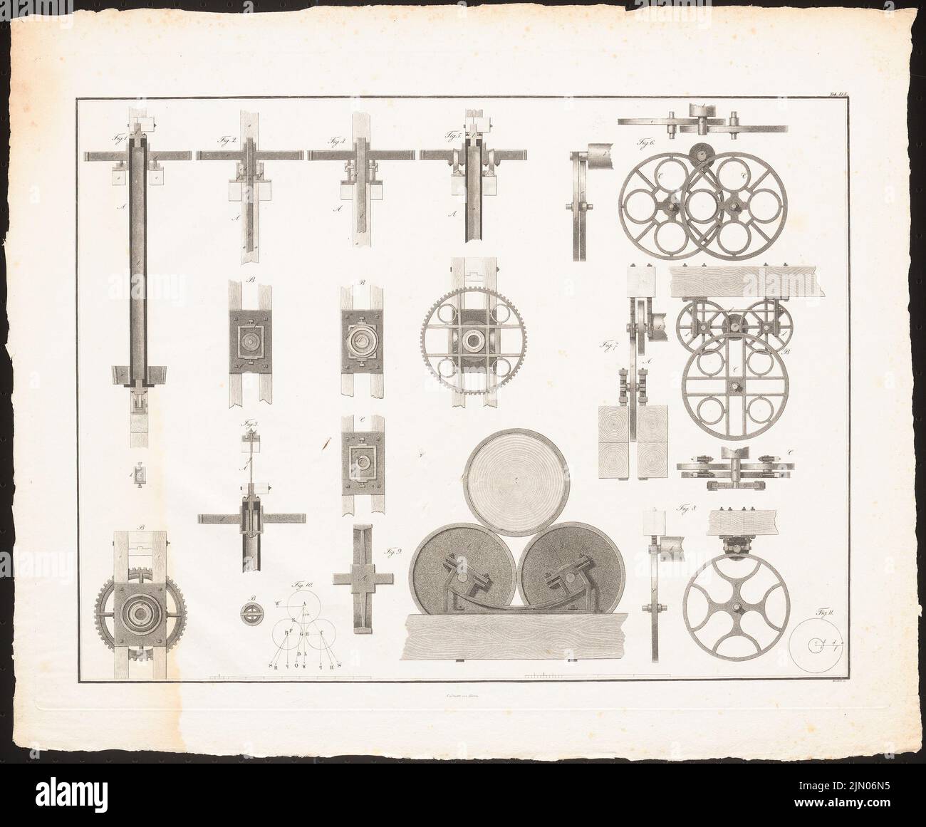 N.N., systèmes techniques, roues dentaires et à eau (env 1800): diverses représentations techniques. Pression sur le papier, 40,2 x 48,8 cm (y compris les bords de numérisation) N. : Technische SYSTEME, Zahn- und Wasserräder Banque D'Images