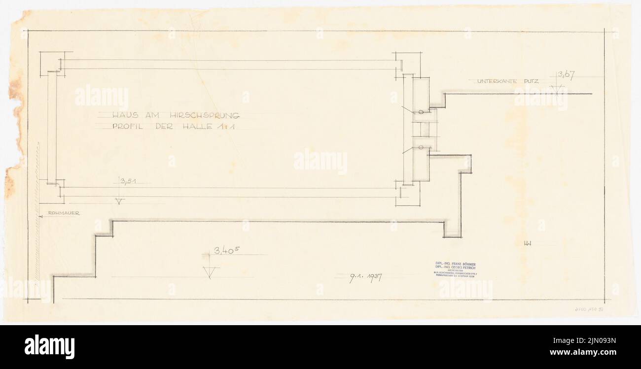 Böhmer Franz (1907-1943), Haus Darré à Berlin-Dahlem (1936-1936) : détail du Hall 1 : 1. Crayon, crayon de couleur sur transparent, 46,7 x 92 cm (y compris les bords du scan) Böhmer & Petrich : Haus Darré, Berlin-Dahlem. Umbau Banque D'Images