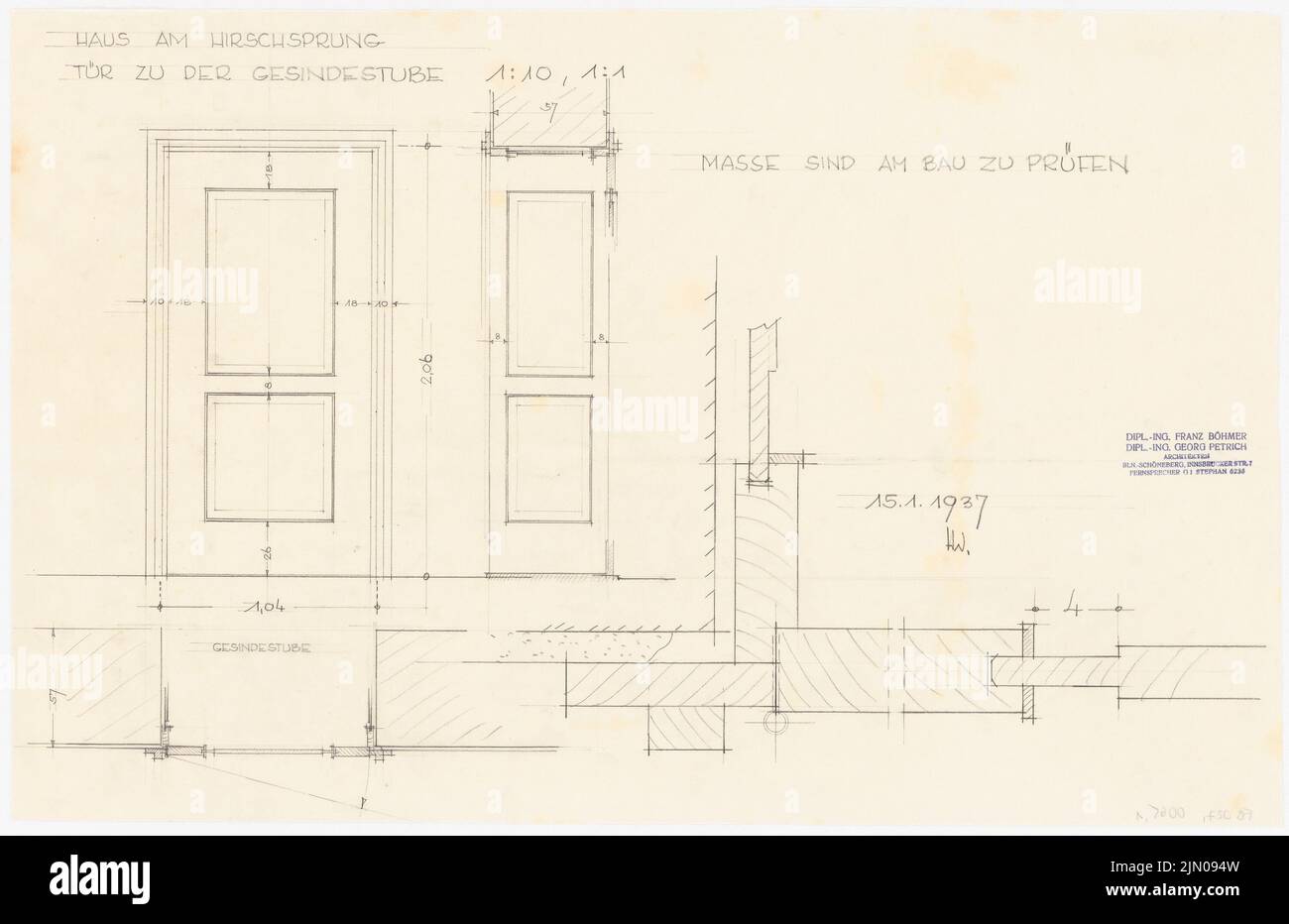 Böhmer Franz (1907-1943), Haus Darré à Berlin-Dahlem (15 janvier 1937) : porte du Gesünde 1:10, 1:1. Crayon sur transparent, 39,8 x 61,3 cm (y compris les bords de balayage) Böhmer & Petrich : Haus Darré, Berlin-Dahlem. Umbau Banque D'Images