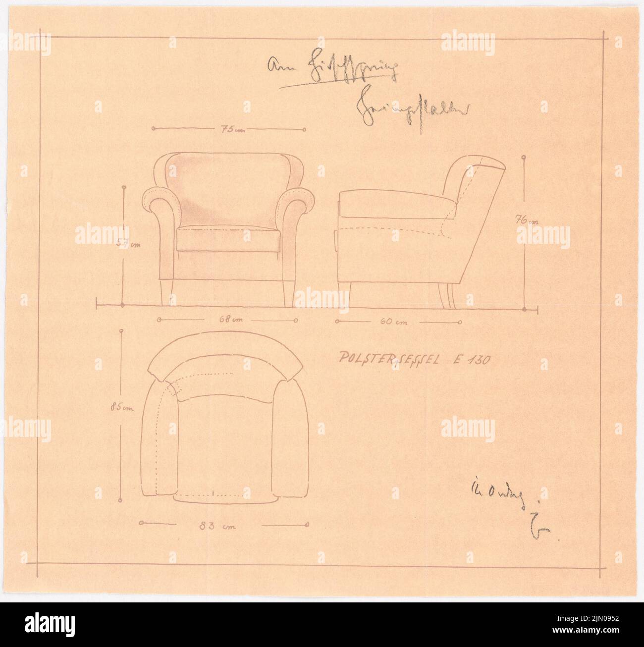 Böhmer Franz (1907-1943), Haus Darré à Berlin-Dahlem (1936-1936): Fauteuil Polster E 130. Pause sur papier, 29,9 x 31,9 cm (y compris les bords de balayage) Böhmer & Petrich : Haus Darré, Berlin-Dahlem. Umbau Banque D'Images