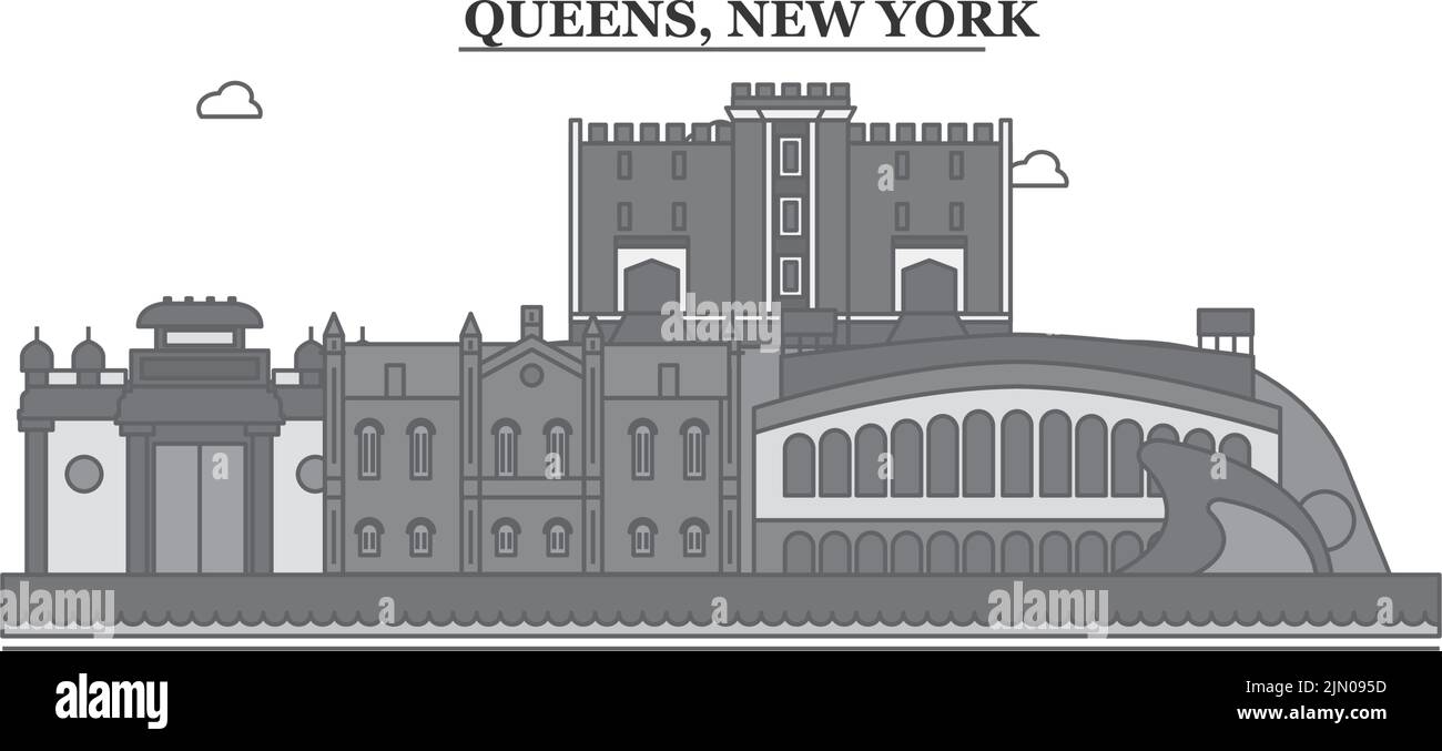 États-Unis, New York Queens ville Skyline illustration vectorielle isolée, icônes Illustration de Vecteur