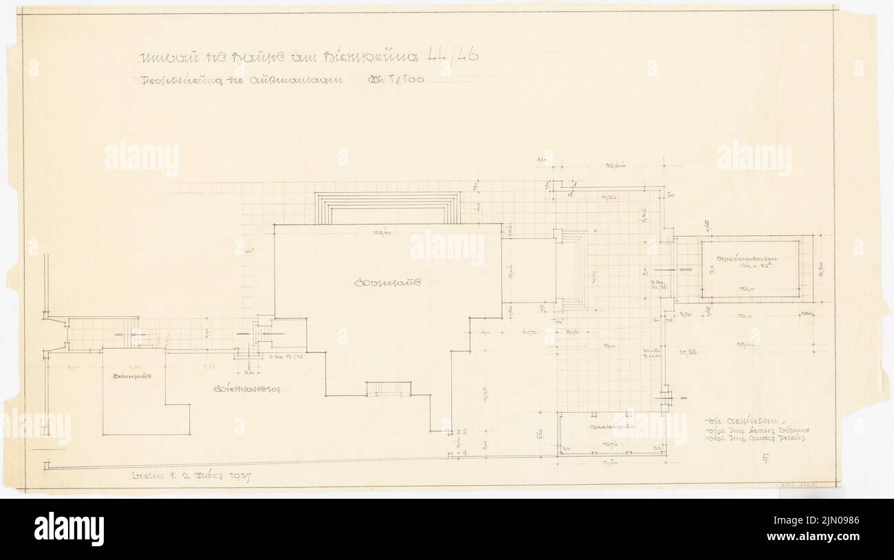 Böhmer Franz (1907-1943), Haus Darré à Berlin-Dahlem (1936-1936): Panneau couvrant la zone extérieure 1: 100. Crayon sur transparent, 61,9 x 111 cm (y compris les bords de balayage) Böhmer & Petrich : Haus Darré, Berlin-Dahlem. Umbau Banque D'Images