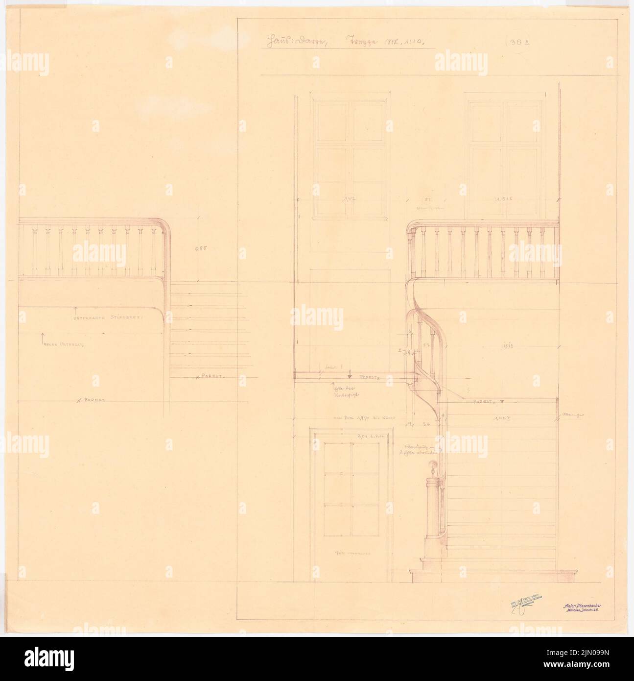 Böhmer Franz (1907-1943), Haus Darré à Berlin-Dahlem (1936-1936): Escaliers 1:10. Rupture de lumière sur papier, 85,8 x 85,4 cm (y compris les bords de balayage) Böhmer & Petrich : Haus Darré, Berlin-Dahlem. Umbau Banque D'Images