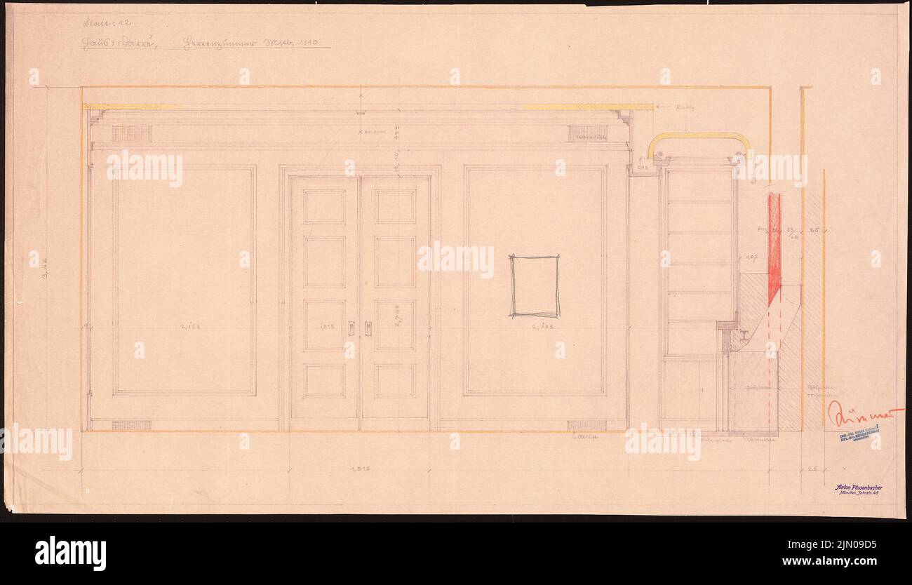 Böhmer Franz (1907-1943), Haus Darré à Berlin-Dahlem (1936-1936): Salle à manger vue sur le mur 1:10. Crayon, crayon de couleur sur une pause sur papier, 56,3 x 98,2 cm (y compris les bords de numérisation) Böhmer & Petrich : Haus Darré, Berlin-Dahlem. Umbau Banque D'Images