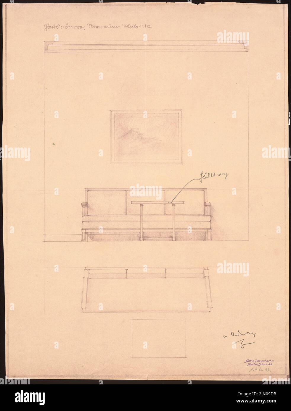 Böhmer Franz (1907-1943), Haus Darré à Berlin-Dahlem (1936-1936) : antichambre 1:10. Crayon sur papier, 65,4 x 49,5 cm (y compris les bords) Böhmer & Petrich : Haus Darré, Berlin-Dahlem. Umbau Banque D'Images