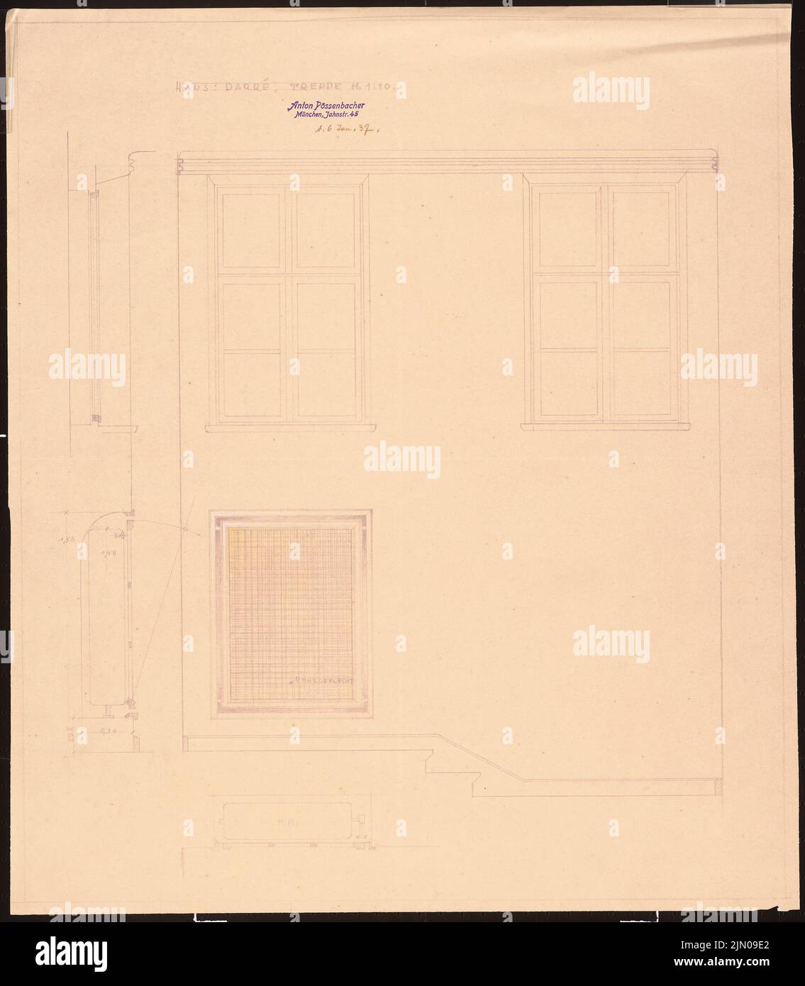 Böhmer Franz (1907-1943), Haus Darré à Berlin-Dahlem (1936-1936): Escaliers 1:10. Rupture de lumière sur papier, 60,5 x 52,9 cm (y compris les bords de balayage) Böhmer & Petrich : Haus Darré, Berlin-Dahlem. Umbau Banque D'Images