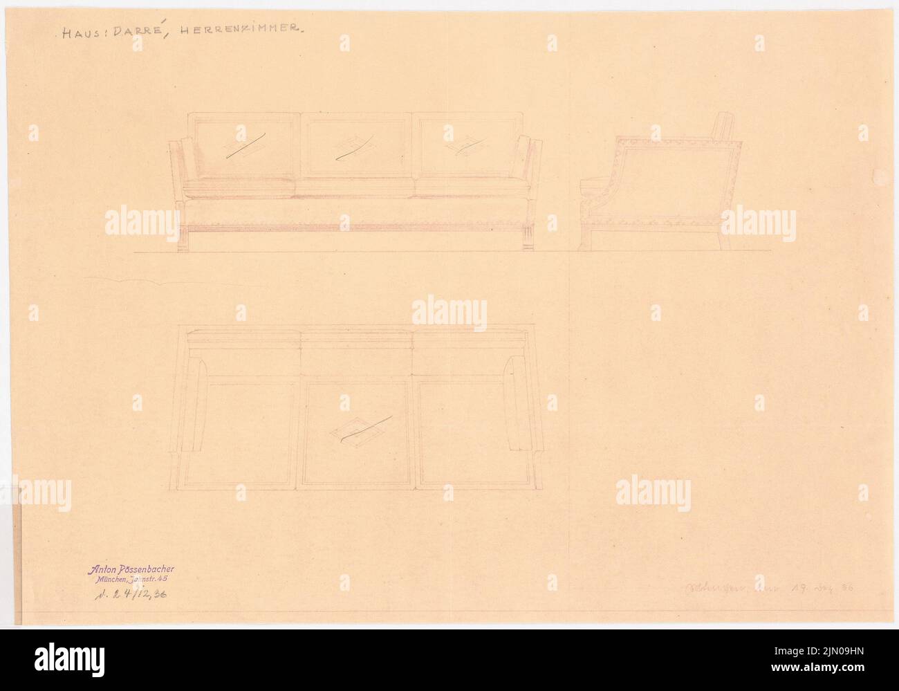 Böhmer Franz (1907-1943), Haus Darré à Berlin-Dahlem (1936-1936): Canapé pour hommes. Crayon sur papier, 36,8 x 52,6 cm (y compris les bords) Böhmer & Petrich : Haus Darré, Berlin-Dahlem. Umbau Banque D'Images