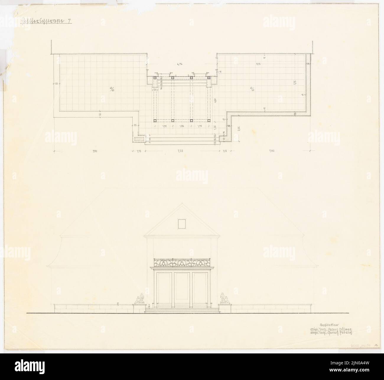 Böhmer Franz (1907-1943), immeuble résidentiel d'Ompteda à Berlin-Dahlem. Conversion (1937-1937): Terrasse: Plan d'étage, vue. Crayon sur transparent, 69,5 x 75,5 cm (y compris les bords de balayage) Böhmer & Petrich : Wohnhaus Ompteda, Berlin-Dahlem. Umbau Banque D'Images