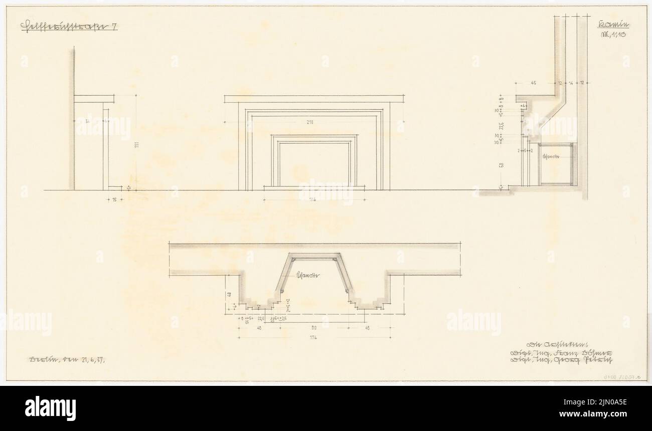 Böhmer Franz (1907-1943), immeuble résidentiel d'Ompteda à Berlin-Dahlem. Conversion (21 juin 1937): Cheminée: Plan d'étage, vue, coupe 1:10. Crayon sur transparent, 44,9 x 75,7 cm (y compris les bords de balayage) Böhmer & Petrich : Wohnhaus Ompteda, Berlin-Dahlem. Umbau Banque D'Images