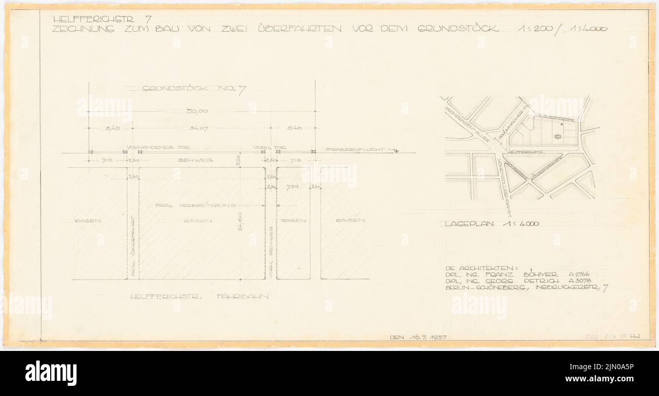 Böhmer Franz (1907-1943), immeuble résidentiel d'Ompteda à Berlin-Dahlem. Conversion (16 juillet 1937) : Ministère 1 : 200, 1 : 4000. Crayon sur transparent, 38,7 x 72,5 cm (y compris les bords de balayage) Böhmer & Petrich : Wohnhaus Ompteda, Berlin-Dahlem. Umbau Banque D'Images