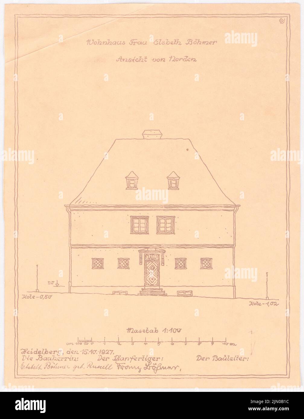 Böhmer Franz (1907-1943), maison unifamiliale Böhmer à Heidelberg (15 octobre 1927): Vue du nord 1: 100. Rupture légère sur papier, 29 x 22,5 cm (y compris les bords de numérisation) Böhmer Franz (1907-1943): Wohnhaus Böhmer, Heidelberg Banque D'Images