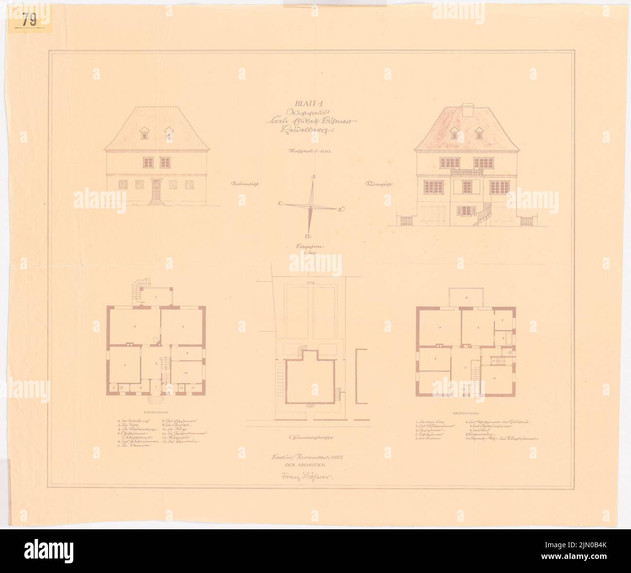 Böhmer Franz (1907-1943), maison unifamiliale Böhmer à Heidelberg (11,1927): Plan du site 1: 200, plans d'étage sol terre et étage supérieur, vue nord et sud 1: 100. Rupture légère sur papier, 63,9 x 76,2 cm (y compris les bords de numérisation) Böhmer Franz (1907-1943): Wohnhaus Böhmer, Heidelberg Banque D'Images