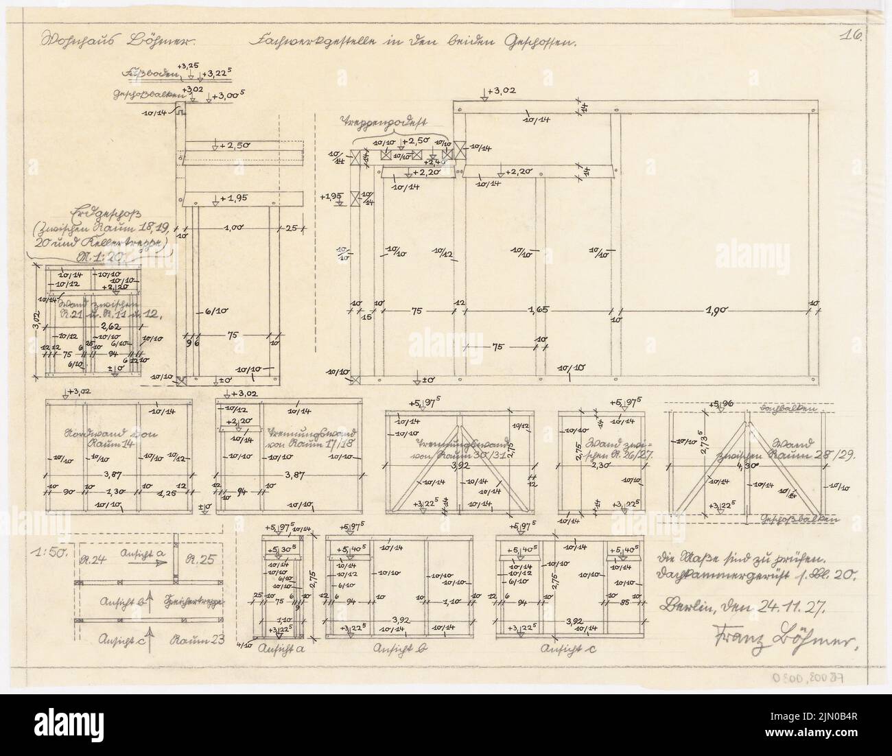 Böhmer Franz (1907-1943), maison unifamiliale Böhmer à Heidelberg (24 novembre 1927): Holzwände dans les deux étages: Coupures. Encre, crayon sur transparent, 36,7 x 47,1 cm (y compris les bords de balayage) Böhmer Franz (1907-1943): Wohnhaus Böhmer, Heidelberg Banque D'Images