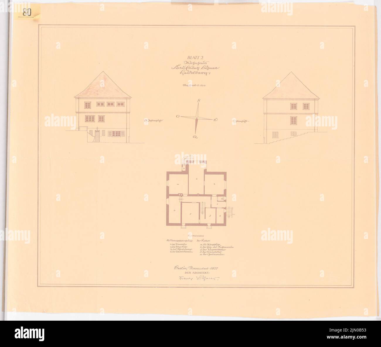 Böhmer Franz (1907-1943), maison unifamiliale Böhmer à Heidelberg (11,1927): Sous-sol Grundriss, vue ouest et est 1: 100. Rupture légère sur papier, 64,8 x 76,8 cm (y compris les bords de numérisation) Böhmer Franz (1907-1943): Wohnhaus Böhmer, Heidelberg Banque D'Images