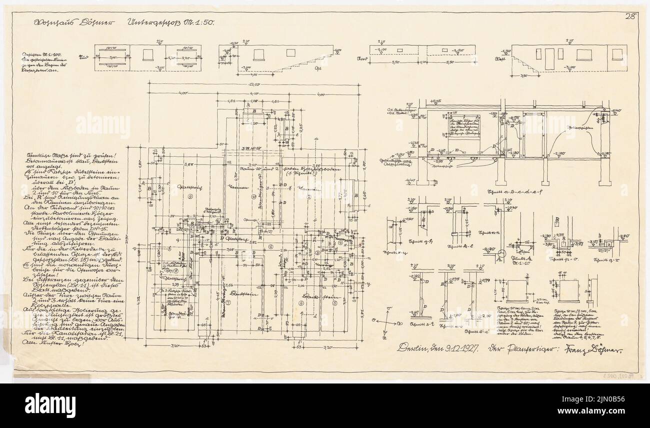 Böhmer Franz (1907-1943), maison unifamiliale Böhmer à Heidelberg (09.12.1927): Plan d'étage bassin 1:50, détails. Encre sur transparent, 43,5 x 73,8 cm (y compris les bords de balayage) Böhmer Franz (1907-1943): Wohnhaus Böhmer, Heidelberg Banque D'Images