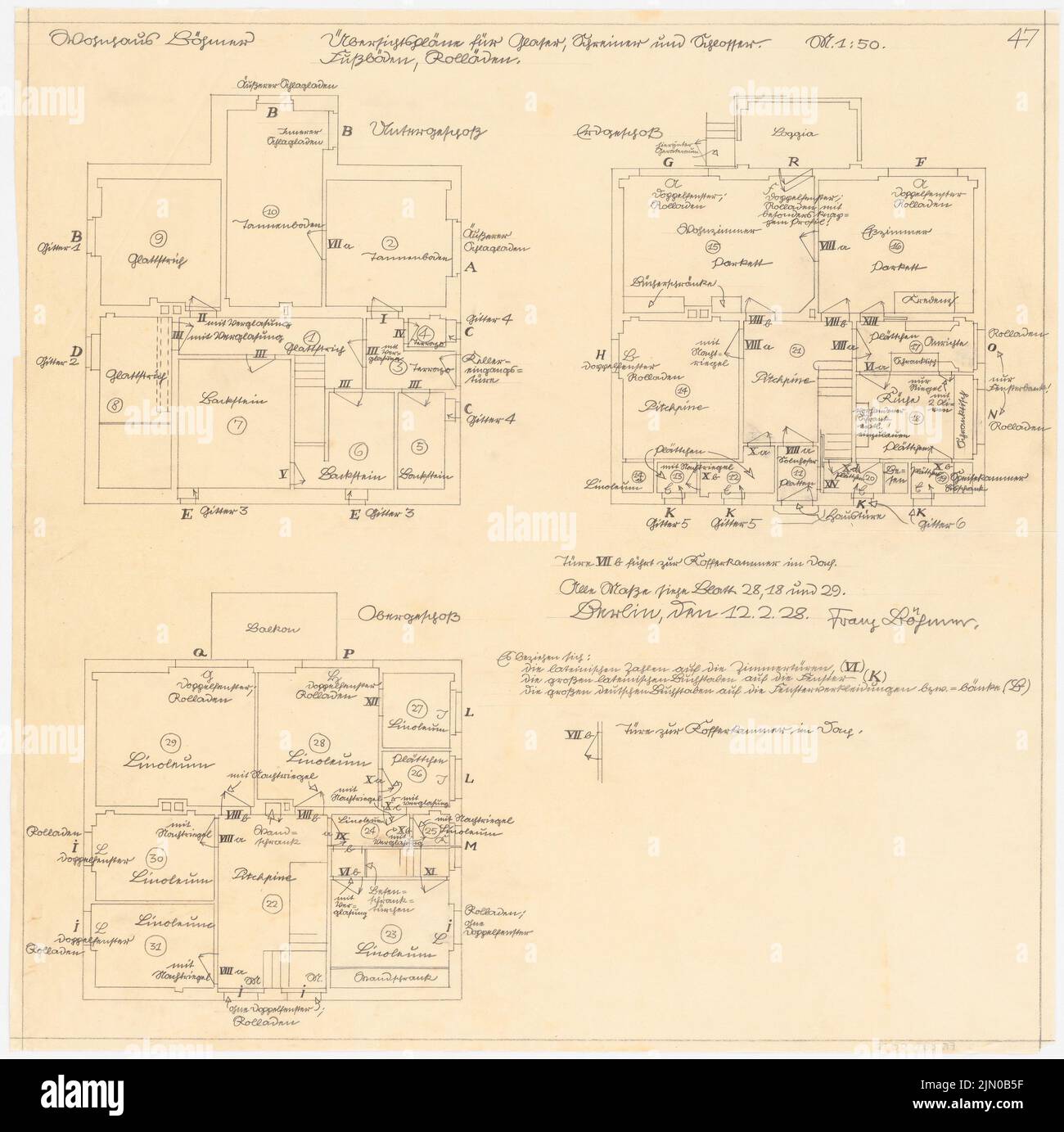 Böhmer Franz (1907-1943), maison unifamiliale Böhmer à Heidelberg (12 février 1928): Plans d'étage avec plan d'ensemble pour l'étage et les volets 1:50. Crayon sur transparent, 67,4 x 67,8 cm (y compris les bords de balayage) Böhmer Franz (1907-1943): Wohnhaus Böhmer, Heidelberg Banque D'Images