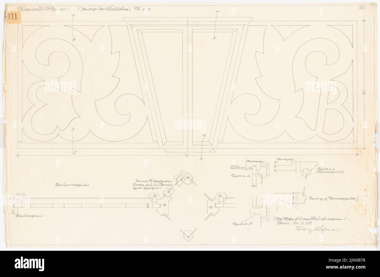 Böhmer Franz (1907-1943), maison unifamiliale Böhmer à Heidelberg (22 février 1928): Puits de lumière de la porte d'entrée: Vue 1: 1, coupures. Crayon sur transparent, 68,5 x 103,5 cm (y compris les bords de balayage) Böhmer Franz (1907-1943): Wohnhaus Böhmer, Heidelberg Banque D'Images