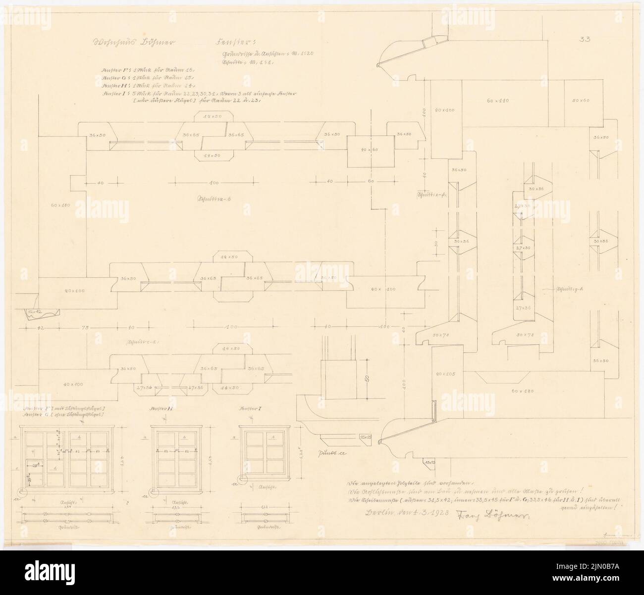 Böhmer Franz (1907-1943), maison unifamiliale Böhmer à Heidelberg (04.03.1928): Fenêtre: Plans d'étage, vues 1:20, coupes 1:1. Crayon sur transparent, 69,9 x 81,7 cm (y compris les bords de balayage) Böhmer Franz (1907-1943): Wohnhaus Böhmer, Heidelberg Banque D'Images