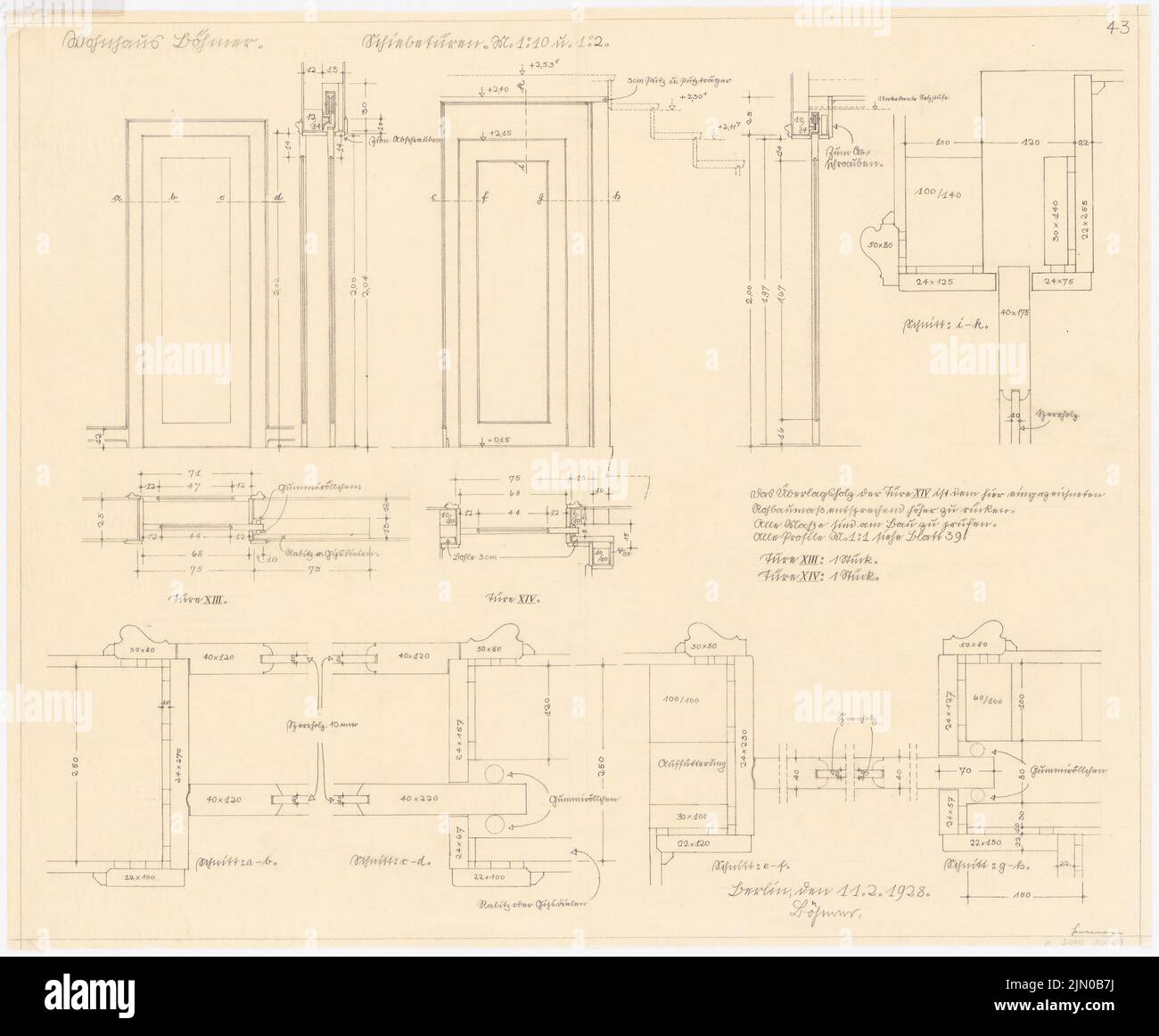 Böhmer Franz (1907-1943), maison unifamiliale Böhmer à Heidelberg (11.02.1928): Portes: Plans d'étage, vues, coupes 1:10, 1:2. Crayon sur transparent, 61,5 x 74,5 cm (y compris les bords de balayage) Böhmer Franz (1907-1943): Wohnhaus Böhmer, Heidelberg Banque D'Images