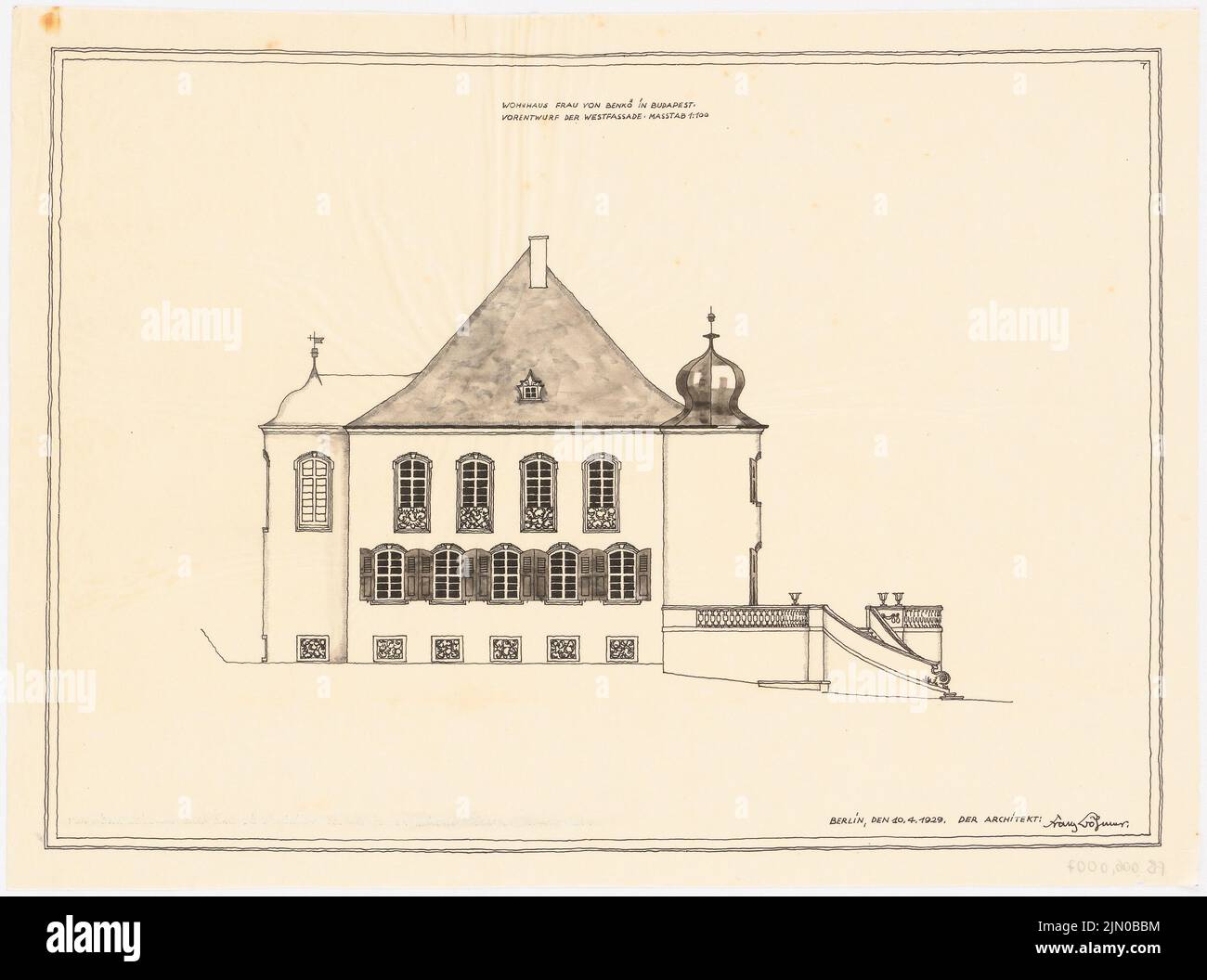 Böhmer Franz (1907-1943), Villa von Benkö à Budapest (10 avril 1929) : façade ouest 1 : 100. Tusche, crayon aquarelle sur transparent, 36,8 x 49,5 cm (y compris les bords de balayage) Böhmer Franz (1907-1943): Villa von Benkö, Budapest Banque D'Images
