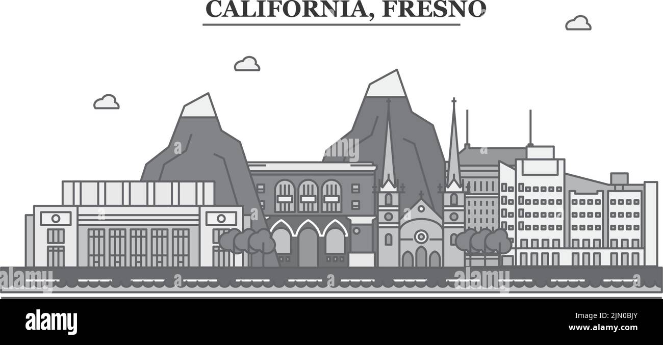 Etats-Unis, Fresno ville Skyline illustration vectorielle isolée, icônes Illustration de Vecteur