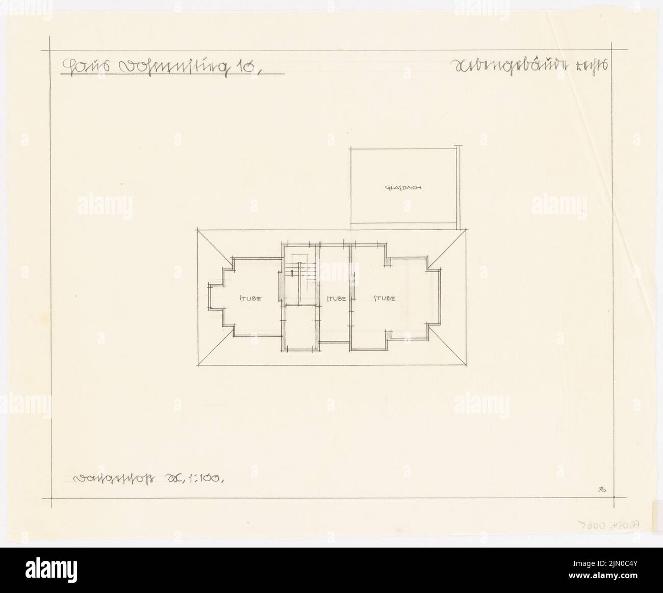 Böhmer Franz (1907-1943), Haus Herz à Berlin-Zehlendorf. Conversion à Haus Himmler (1937-1937): Bâtiment extérieur (à droite): Plan d'étage dernier étage 1: 100. Crayon sur transparent, 36 x 43,6 cm (y compris les bords de balayage) Böhmer & Petrich : Haus Herz, Berlin-Dahlem. Umbau zu Haus Himmler Banque D'Images