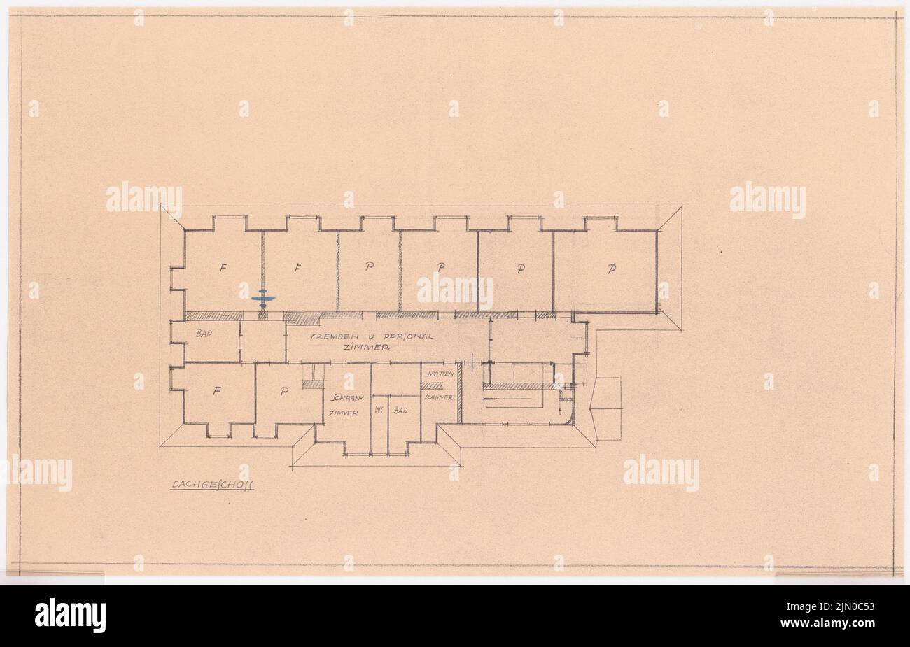 Böhmer Franz (1907-1943), Haus Herz à Berlin-Zehlendorf. Conversion à Haus Himmler (1937-1937): Plan d'étage dernier étage 1: 100. Crayon, crayon de couleur sur une pointe de lumière sur papier, 35,8 x 55,6 cm (y compris les bords du scan) Böhmer & Petrich : Haus Herz, Berlin-Dahlem. Umbau zu Haus Himmler Banque D'Images