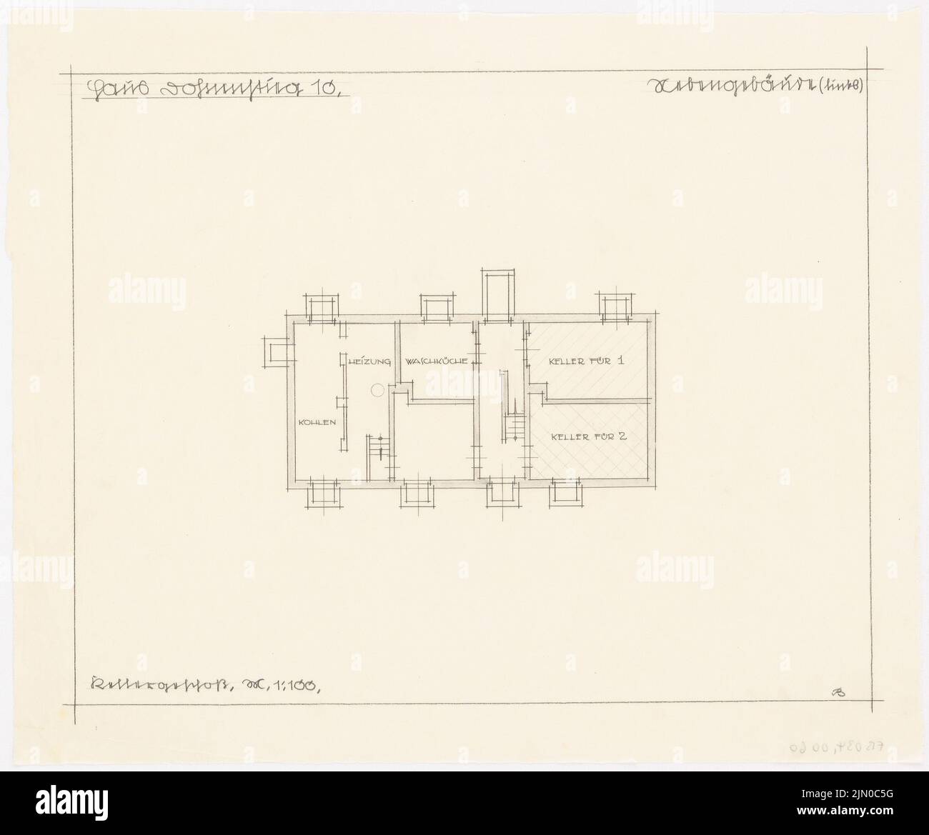 Böhmer Franz (1907-1943), Haus Herz à Berlin-Zehlendorf. Conversion en Haus Himmler (1937-1937): Bâtiment extérieur (à gauche): Plan d'étage sous-sol 1: 100. Crayon sur transparent, 35,9 x 43,3 cm (y compris les bords de balayage) Böhmer & Petrich : Haus Herz, Berlin-Dahlem. Umbau zu Haus Himmler Banque D'Images