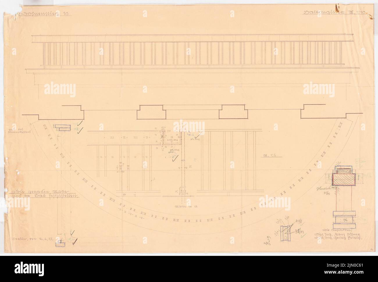 Böhmer Franz (1907-1943), Haus Herz à Berlin-Zehlendorf. Conversion à Haus Himmler (16 juin 1937): Grille de balcon: Vue 1:10, plan d'étage, vue, coupe 1: 5. Crayon, crayon de couleur sur une pointe de lumière sur papier, 68,3 x 100,8 cm (y compris les bords du scan) Böhmer & Petrich : Haus Herz, Berlin-Dahlem. Umbau zu Haus Himmler Banque D'Images