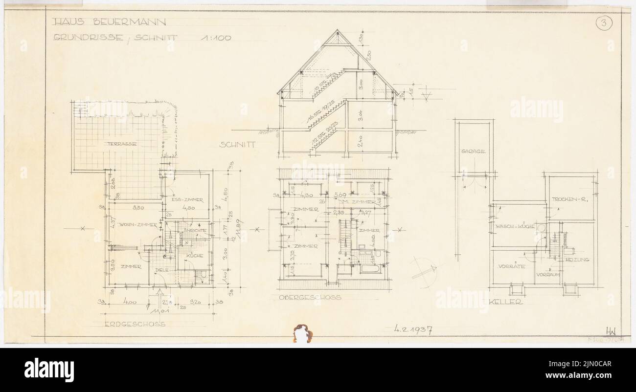 Böhmer Franz (1907-1943), réalisateur néerlandais Beuermann in Kleinmachnow (04.02.1937): Cut, Grundrisse EG, OG, KG 1: 100. Crayon sur transparent, 35,3 x 64,5 cm (y compris les bords de balayage) Böhmer & Petrich : Wohnhaus Direktor Beuermann, Kleinmachnow Banque D'Images