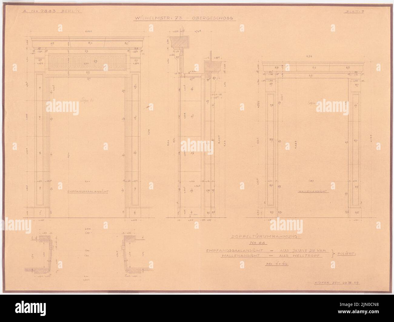 Böhmer Franz (1907-1943), appartement officiel du Reich Ministre des Affaires étrangères Joachim von Ribbentrop à Berlin-Mitte (20 juillet 1939): Double-rampe entre la salle de réception et la salle: Vues, coupures 1:10. Rupture légère sur papier, 77,9 x 104,3 cm (y compris les bords de balayage) Böhmer & Petrich : Dienstwohnung des Reichsaußenministres Joachim von Ribbentrop, Berlin-Mitte. Umbau Banque D'Images