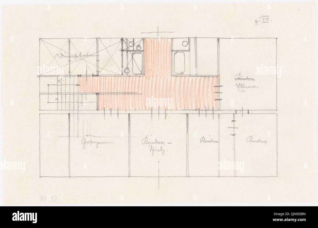 Rüster Emil (1883-1949), maison unifamiliale (sans date): Plan d'étage. Crayon, crayon de couleur sur transparent, 15,1 x 23,2 cm (y compris les bords de balayage) Rüster Emil (1883-1949): Einfamilienhaus Banque D'Images
