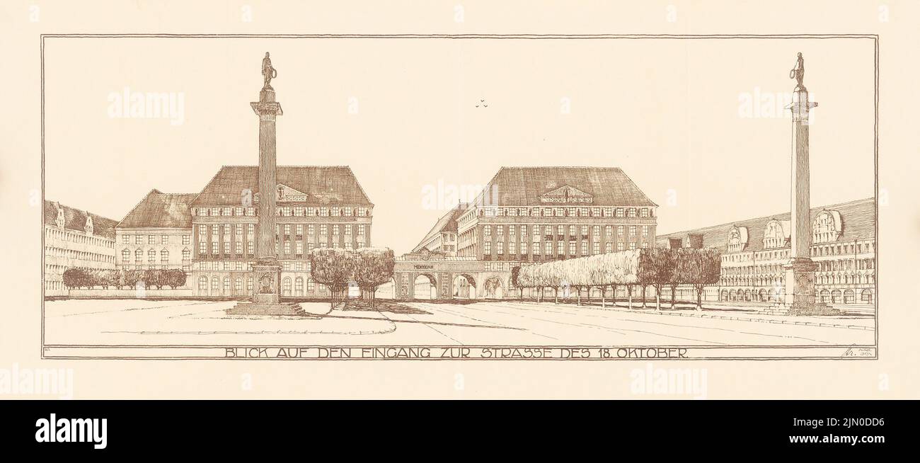 Rüster Emil (1883-1949), bibliothèque allemande, Leipzig. Entrée à la rue de 18 octobre (sans date) : vue en perspective. Léger bris de papier, 39,1 x 90 cm (y compris les bords de numérisation) Rüster Emil (1883-1949): Deutsche Bücherei, Leipzig. Eingang zur Straße 18. Oktober Banque D'Images
