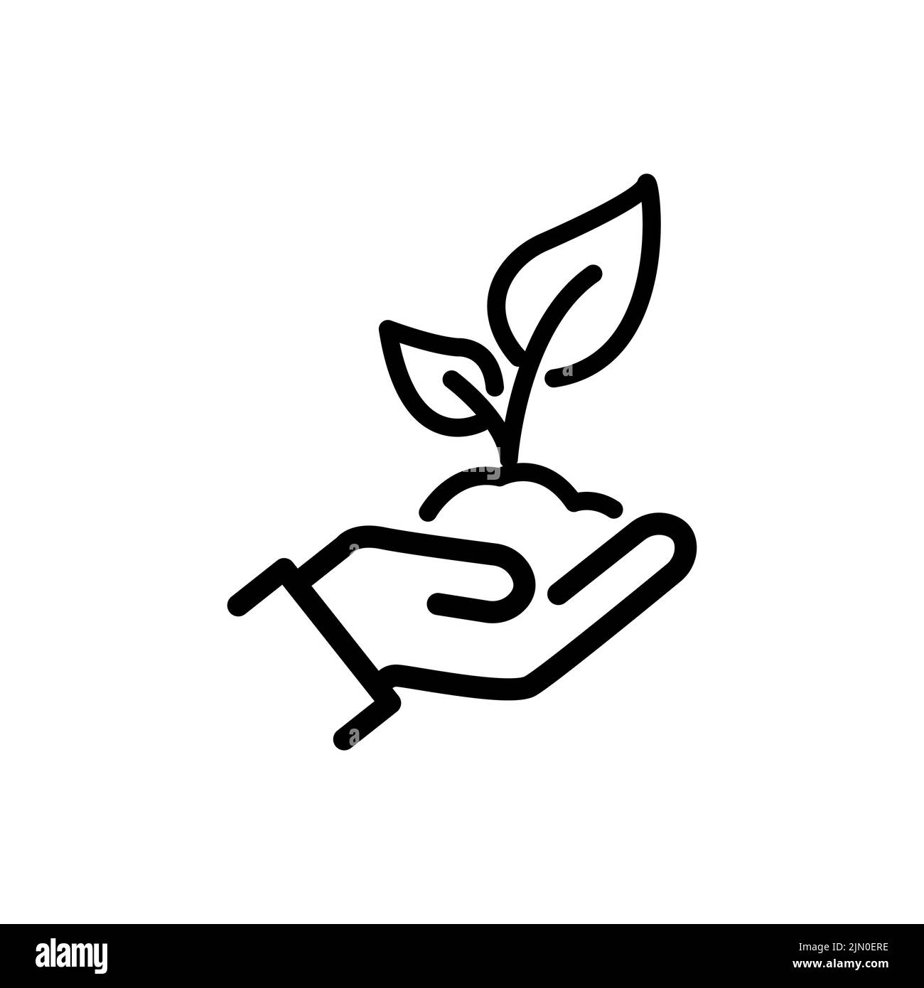 Main tenant le sol avec l'icône de ligne plate de plante. Vecteur fin signe de protection de l'environnement, logo de concept d'écologie. Illustration de l'agriculture. Illustration de Vecteur