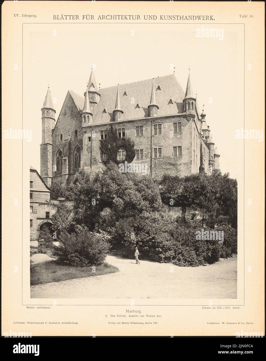 N.N., Schloss, Marburg. (De : feuilles pour l'architecture et l'artisanat, 15th ans, 1902, Tafel 16.) (1902-1902): Vue de l'ouest. Légère pression sur le papier, 34,1 x 26,9 cm (y compris les bords de numérisation) N. : Schloss Marburg. (AUS: Bätter für Architektur und Kunsthandwerk, 15. JG., 1902, Tafel 16) Banque D'Images