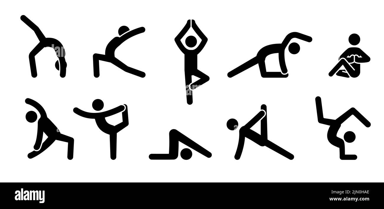 Icône yoga personnes. Pose de yoga, exercice de méditation, exercice de sport pictogramme homme ensemble. Santé, méditer le symbole. Illustration vectorielle. Illustration de Vecteur