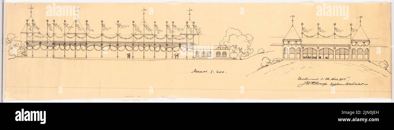 Klomp Johannes Franziskus (1865-1946), Schützenhaus du club de tir de Saint-Sébastien, Olpe (22.03.1906) : vue avant et latérale 1 : 200. Encre, crayon sur transparent, 19,6 x 75,1 cm (y compris les bords de balayage) Klomp Johannes Franziskus (1865-1946): Schützenhaus des Schützenvereins St. Sebastianus, Olpe Banque D'Images