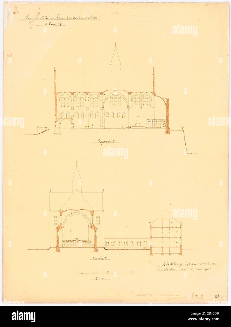 Klomp Johannes Franziskus (1865-1946), monastère franciscain et Heilig Kreuz, Essen (10 juin 1902): Coupe transversale et longitudinale à travers l'église et le monastère 1: 200 (2nd projet). Tusche aquarelle sur la boîte, 64,5 x 48,9 cm (y compris les bords de balayage) Klomp Johannes Franziskus (1865-1946): Franziskanerkloster und Heilig Kreuz, Essen Banque D'Images