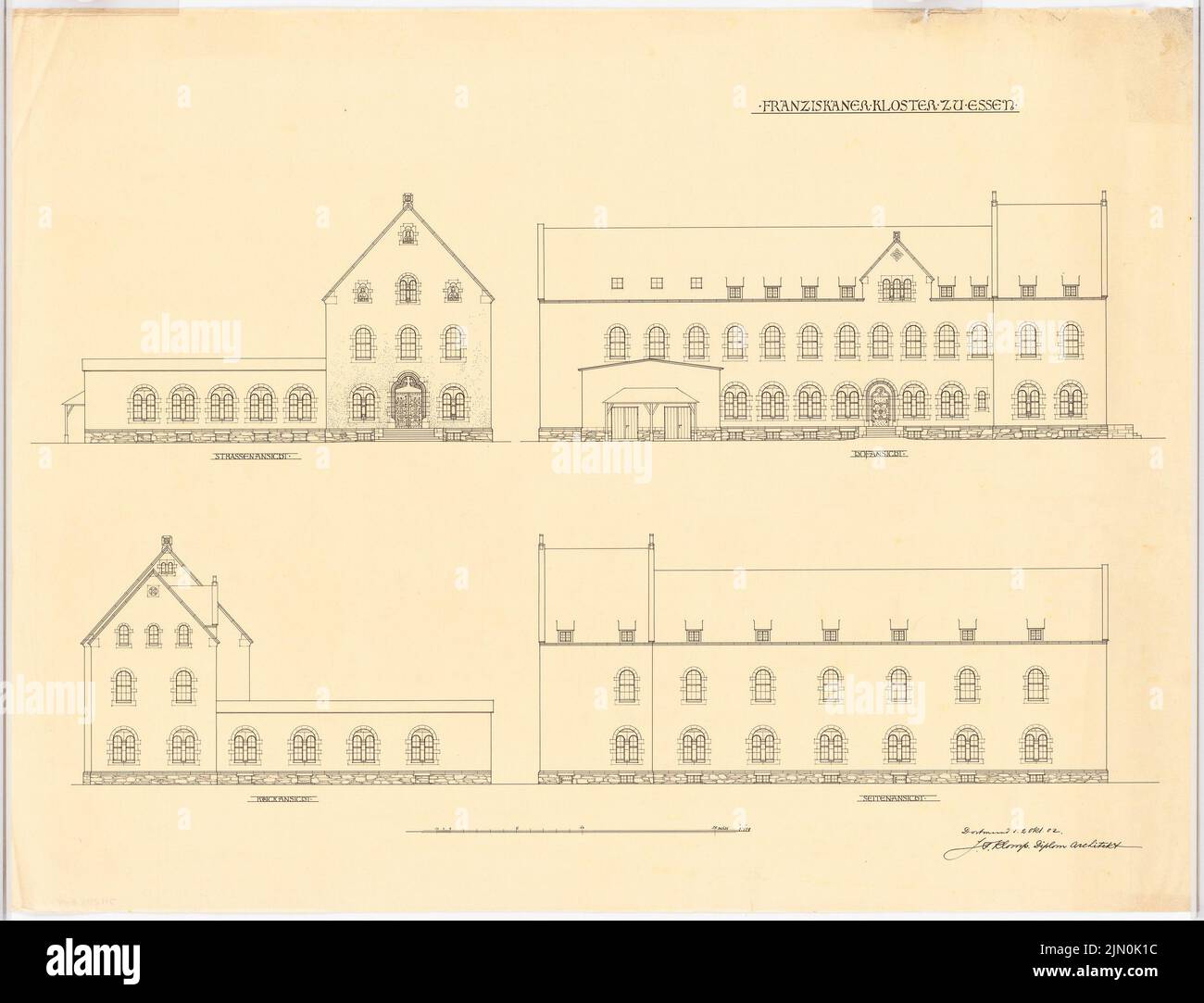 Klomp Johannes Franziskus (1865-1946), monastère franciscain et Heilig Kreuz, Essen (02.10.1902) : vue extérieure et vue sur cour 1 : 100 (projet de 4th). Encre sur transparent, 69 x 90,3 cm (y compris les bords de balayage) Klomp Johannes Franziskus (1865-1946): Franziskanerkloster und Heilig Kreuz, Essen Banque D'Images