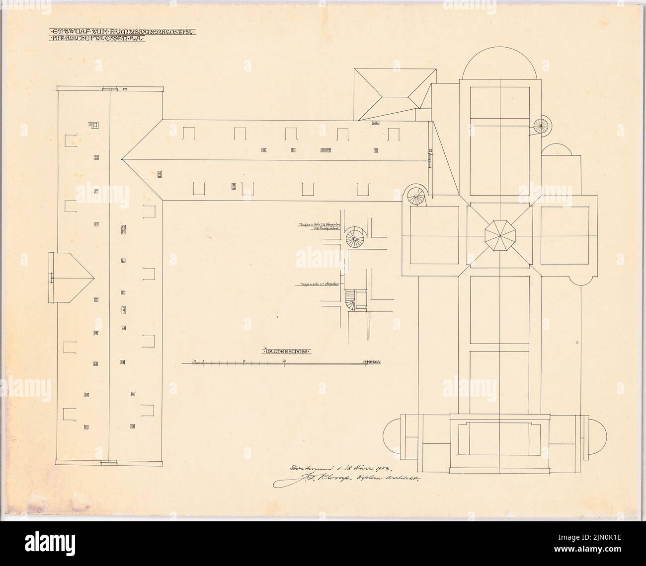 Klomp Johannes Franziskus (1865-1946), monastère franciscain et Heilig Kreuz, Essen (18 mars 1903) : plan du dernier étage 1 : 100 (projet de 6th). Encre sur carton, 64,8 x 80,2 cm (y compris les bords de balayage) Klomp Johannes Franziskus (1865-1946): Franziskanerkloster und Heilig Kreuz, Essen Banque D'Images