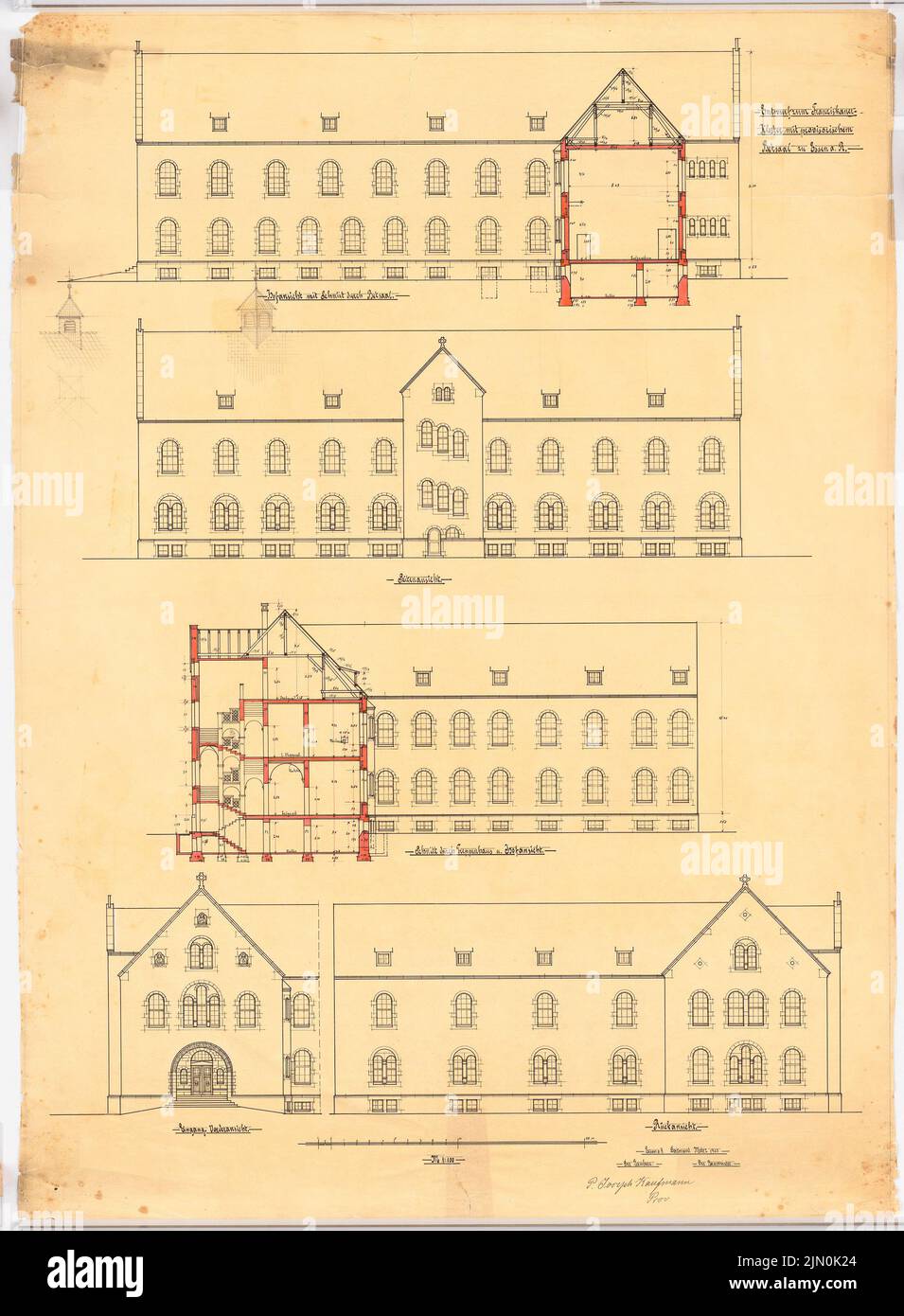 Klomp Johannes Franziskus (1865-1946), monastère franciscain et Heilig Kreuz, Essen (03,1903): Vue sur la cour avec coupe, vue latérale, escalier découpé, vue avant et arrière 1: 100 (design 5th). Tusche, crayon aquarelle sur transparent, 97 x 71,3 cm (y compris les bords de balayage) Klomp Johannes Franziskiskus (1865-1946): Franziskanerkloster und Heilig Kreuz, Essen Banque D'Images