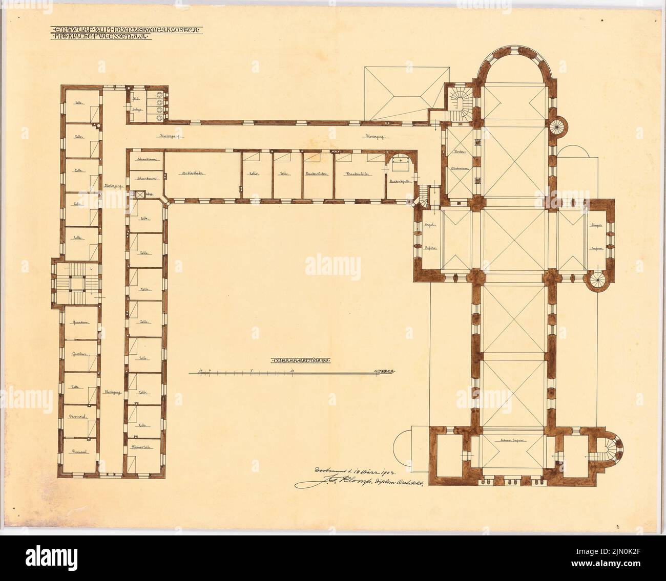 Klomp Johannes Franziskus (1865-1946), monastère franciscain et Heilig Kreuz, Essen (18 mars 1903): Plan de l'étage supérieur 1: 100 (projet de 6th). Tusche aquarelle sur la boîte, 64,5 x 80,2 cm (y compris les bords de balayage) Klomp Johannes Franziskus (1865-1946): Franziskanerkloster und Heilig Kreuz, Essen Banque D'Images