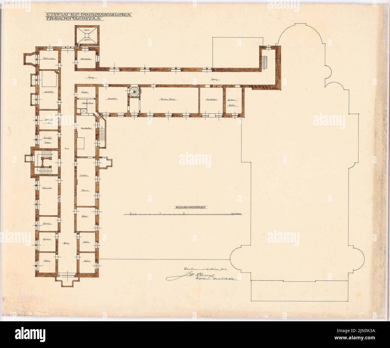 Klomp Johannes Franziskus (1865-1946), monastère franciscain et Heilig Kreuz, Essen (18 mars 1903) : plan d'étage Keller 1 : 100 (projet de 6th). Tusche aquarelle sur la boîte, 66,4 x 80,6 cm (y compris les bords de balayage) Klomp Johannes Franziskus (1865-1946): Franziskanerkloster und Heilig Kreuz, Essen Banque D'Images