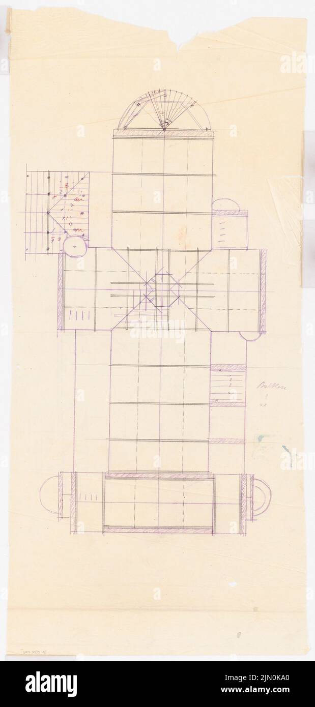 Klomp Johannes Franziskus (1865-1946), monastère franciscain et Heilig Kreuz, Essen (1902-1910): Grundrisssketch pour le porteur et les chevrons. Crayon, crayon de couleur sur transparent, 79,1 x 37,7 cm (y compris les bords de balayage) Klomp Johannes Franziskus (1865-1946): Franziskanerkloster und Heilig Kreuz, Essen Banque D'Images