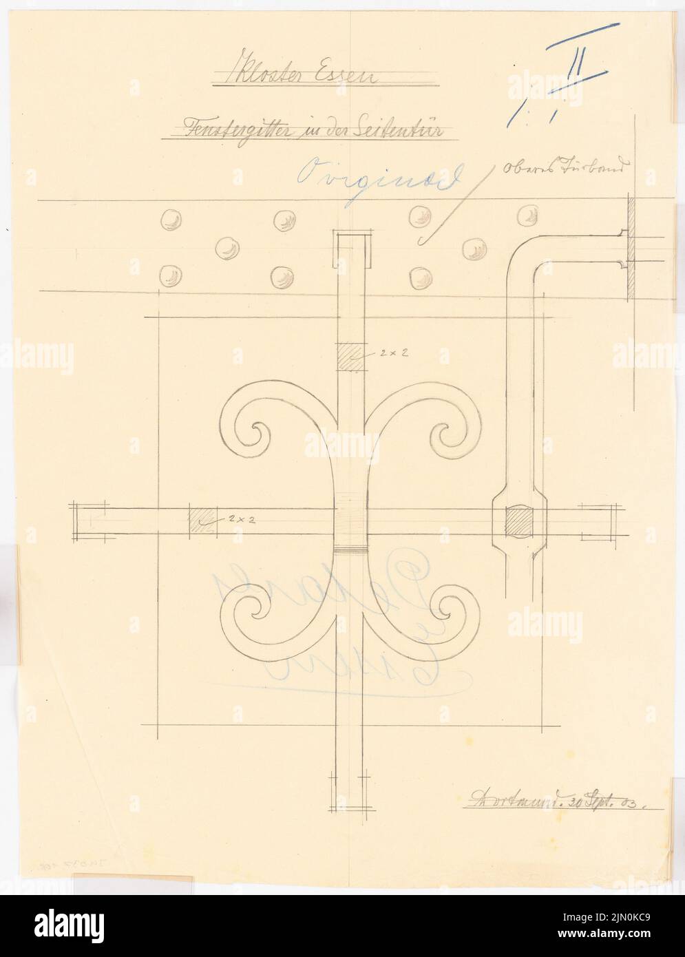 Klomp Johannes Franziskus (1865-1946), monastère franciscain et Heilig Kreuz, Essen (30 septembre 1903): Grille de la porte latérale 1: 1. Crayon sur transparent, 64,5 x 49,4 cm (y compris les bords de balayage) Klomp Johannes Franziskus (1865-1946): Franziskanerkloster und Heilig Kreuz, Essen Banque D'Images