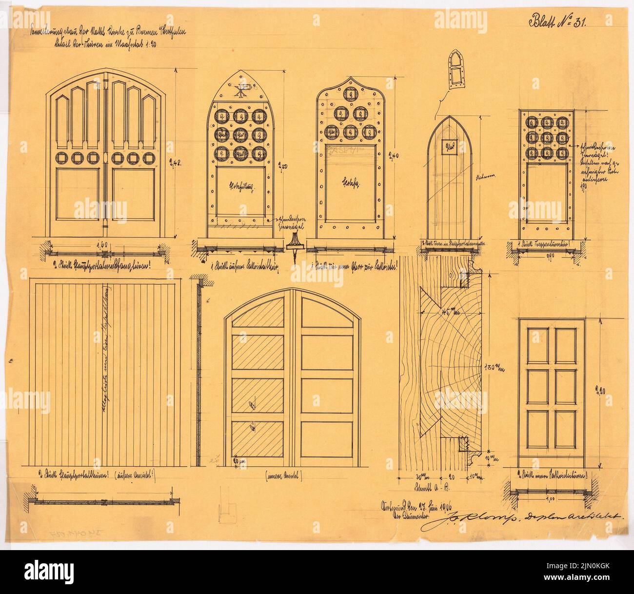 Klomp Johannes Franziskus (1865-1946), Saint-Lambertus, ense-Brême. Expansion (27 juin 1906): Détails des portes 1:20 et 1:1. Encre sur transparent, 40,2 x 46,4 cm (y compris les bords de balayage) Klomp Johannes Franziskus (1865-1946): St. Lambertus, ense-Bremen. Erweiterung Banque D'Images