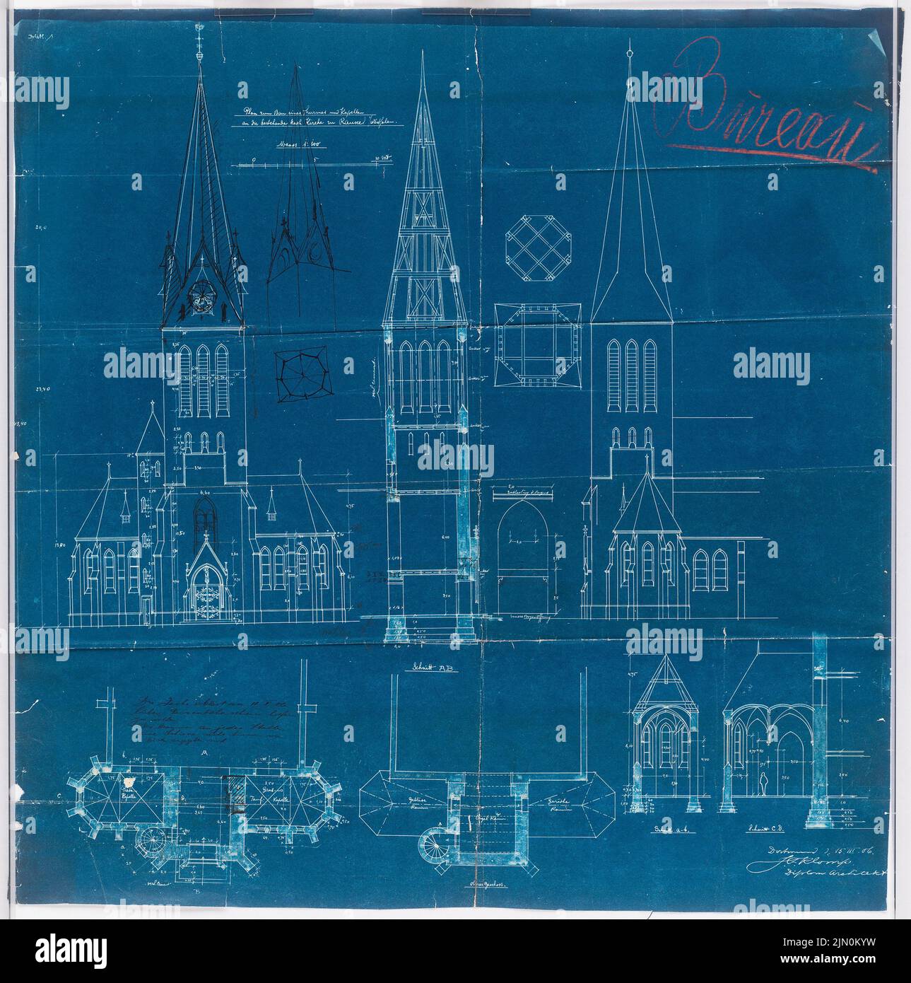 Klomp Johannes Franziskus (1865-1946), culture d'une tour à l'église de la branche, Castropp-Rauxel (15.03.1906): Vue de face et de côté de la tour, coupes et plans d'étage 1: 100. Tusche, crayon sur le papier, 73,4 x 72,8 cm (y compris les bords de balayage) Klomp Johannes Franziskus (1865-1946): Anbau eines Turms an die Filialkirche, Castrop-Rauxel Banque D'Images
